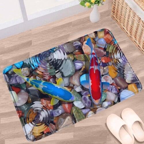 Fish Marine Animal Bath Mat Color Koi Pebbles Goldfish Pattern Non-slip Rugs Flannel Home Decor Bathroom Kitchen Doorway Carpets