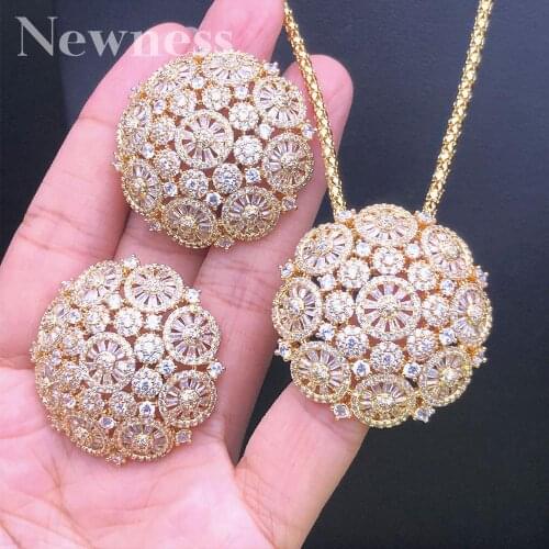 Newness luxury Round Delicate Flower Shiny AAA Cubic Zirconia Wedding 3 Tone Women Tassel Necklace Earring Fashion Jewelry