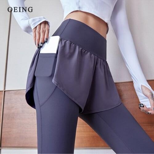 Hidden Pocket Yoga Pants Fake Two Pieces High Waist Fitness Legggings Women Breathable Tights Sportswear Running Sports Pants