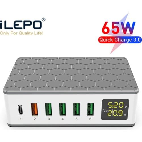 ILEPO 65W PD Fast Charger For iPhone 12 11 Pro QC3.0 6 Port USB Charging Station For Samsung Sony Huawei Digital Desktop Charger