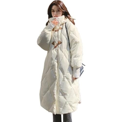 New 2020 winter mid length Cotton Padded Jacket solid long sleeve horn buckle thick warm loose straight Hooded women Parka W31
