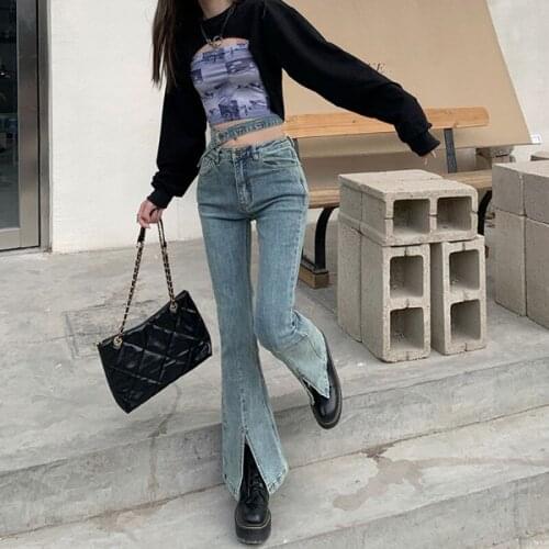 New Fashion Spring Women Button Flare Jeans Pants High Waist Stretched Side Split Female Denim Blue Trouser 2021