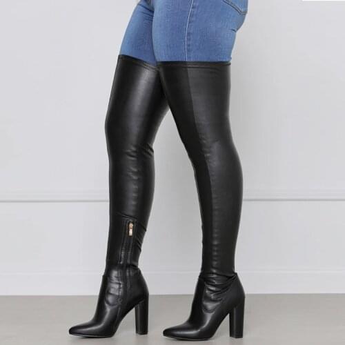 New Sexy Thigh High Boots Female Pointed Toe Black Boots Women High Knee Boots Thick High Heels Boots For Girls Plus Size 43