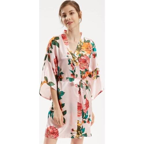 Women Kimono Bathrobe Gown Pink Print Flower Bride Bridesmaid Wedding Robe Casual Nightgown Sleepwear Plus Size Sexy Home Dress