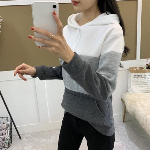 Winter Polyester Womens Hoodies Hooded Long Sleeve Pullover Pockets Loose Patchwork Striped Thick Fashion Casual Hoodies