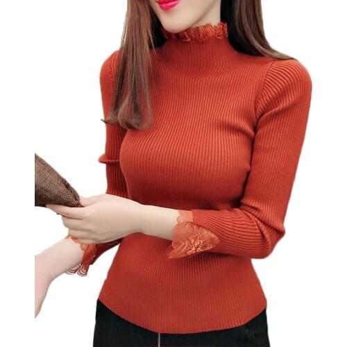 Winter Female Fashion Lace Turtleneck Sweater Jumper New Slim High Elasticity Knit Pullover Bottoming Sweater Women Clothing Y80