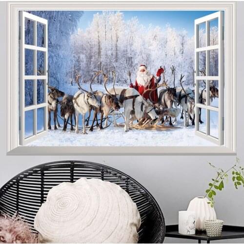 2018 New Christmas Wall Sticker For Kids Room 3D Reindeer Santa Claus Presents Gifts Wall Decals Christmas Decoration Art Mural