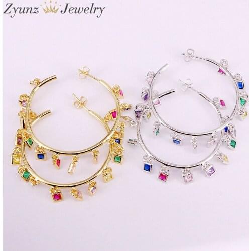 4Pairs, Cz Micro Pave Zirconia Gold/Silver Color Rainbow Crystal Party Jewelry Multicolor Charms Fashion Earring Studs