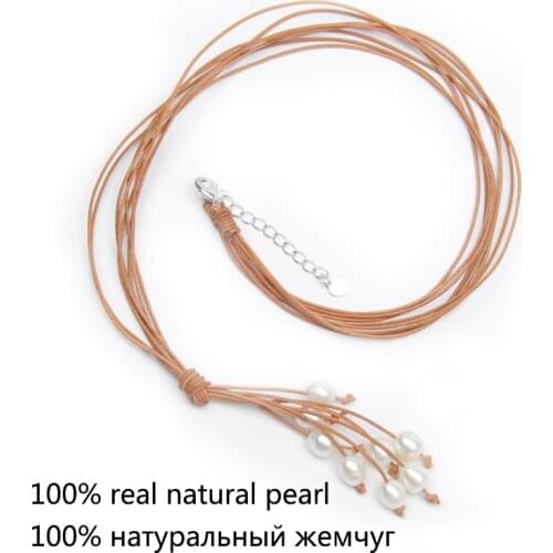 Free shipping solid 925 lobster clasp genuine leather tassel necklace real natural pearl bead women jewelry fashion best seller