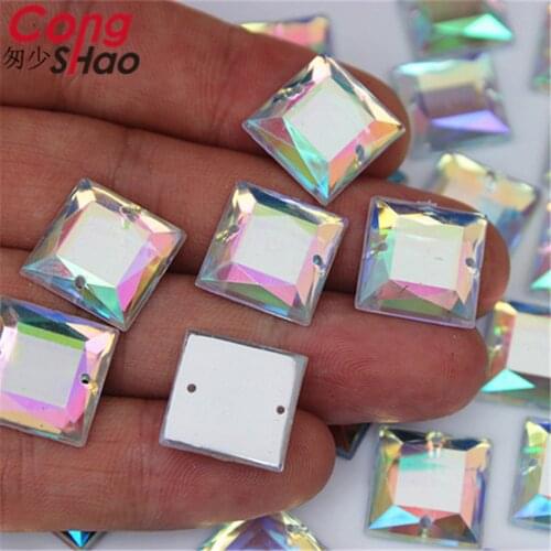 Cong Shao 10/12/14mm Clear AB Crystals Acrylic Square Rhinestone stones flatback sewing 2 Hole DIY Clothes Decoration YB699