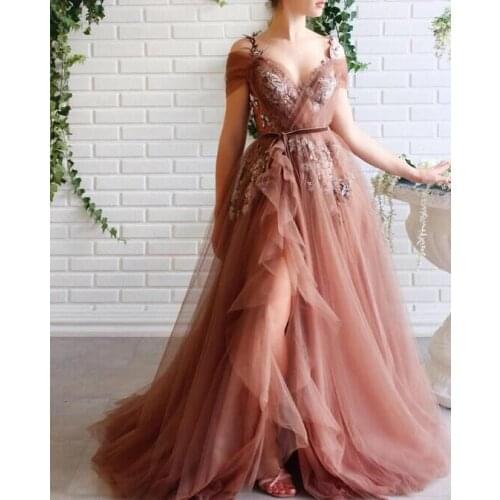 2021 Appliques Cold Shoulder Prom Dresses Long Sleeveless High Split Side Tulle Formal Evening Party Gowns Robe De Soiree