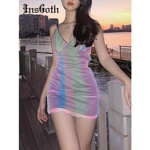 InsGoth Y2K Blue Sequin Dress Mall Goth Sexy V Neck Backless High Waist Mini Dresses Girl Clubwear Party Ruched Summer Dress