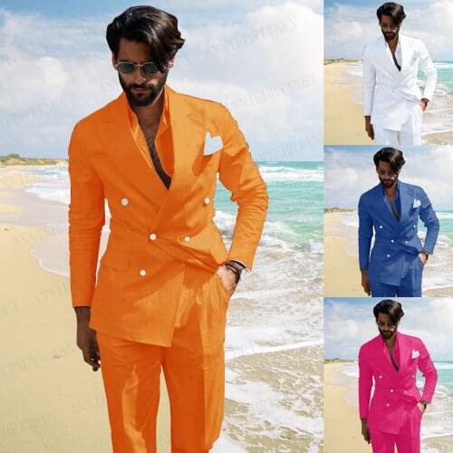Classic Summer Men Suit Orange Linen Beach Double Breasted Blazer Custom Slim Fit Groom Best Man Wedding Tuxedo Jacket Pants Set