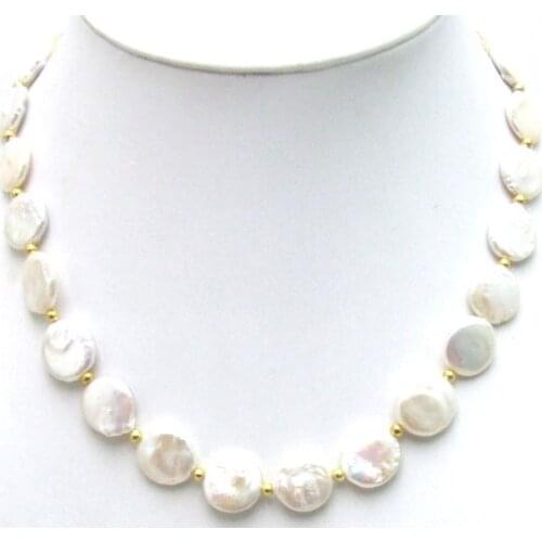 Qingmos White 12-13mm Natural Pearl Necklace for Women with Coin Round Shape Pearl Chokers Necklace Jewelry ne5228 Free shipping