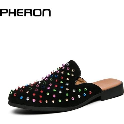 New Fashion Gold Top Metal Toe Men Dress shoes Italian Casual shoes Half Slippers Handmade Loafers luxury Party Flats Sandals