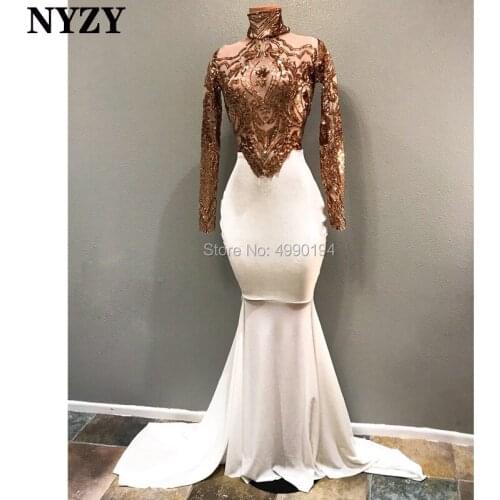 NYZY P60 Long Sleeves Prom Dresses 2019 Sexy Sequin Gown White Mermaid Dress for Graduation Party Evening