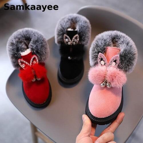2-8Y Children Boots Winter Girls Sonw Boats Diamond Rabbit Ears Ankle Cotton Martin Shoes Toddler Fur Ball Princess Sneakers Y33