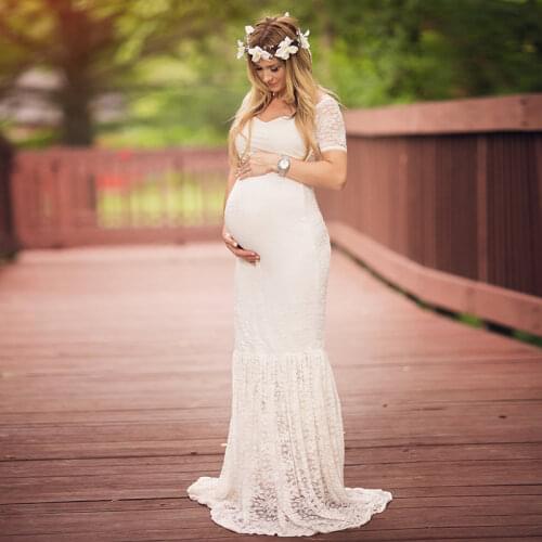 Maternity Gown Baby Shower Dress for Women Pregnant White Sexy Deep V-Neck Long Sleeve Lace Perspective Tight Tailed