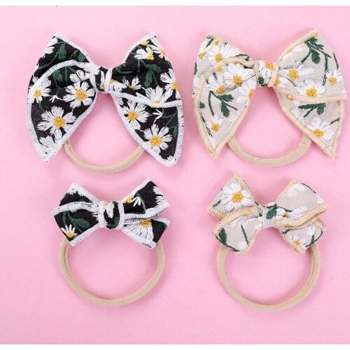 Daisy Embroided Baby Headband Nylon Bowknot Girls Hairband Lovely Flower Scrunchie Stretchy Children Autumn Head Band Accessries