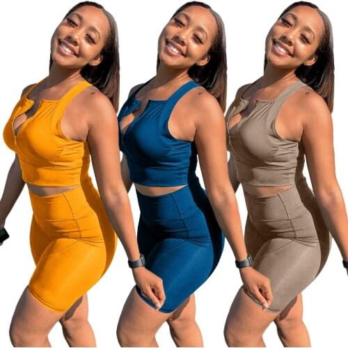 S-2XL two piece set women clothing summer simple sport solid color sleeveless zip top and shorts outfit Wholesale Dropshipping