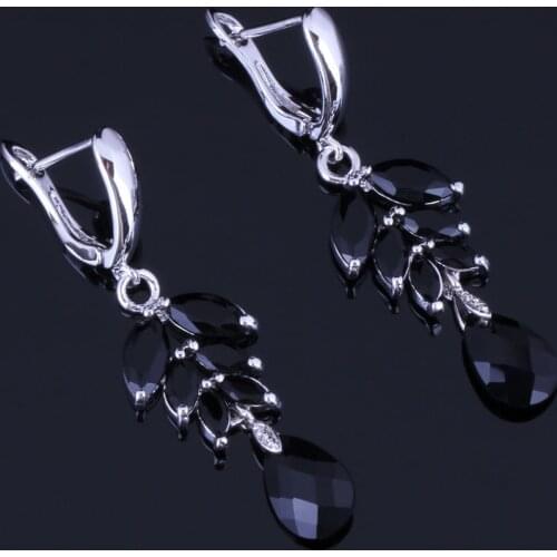 Heavenly Water Drop Black Cubic Zirconia Silver Plated Drop Dangle Earrings V1007