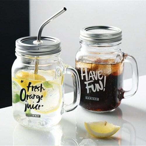 New 480mL Creative Mason Glass Mug Black White Letter Pattern Morning Milk Juice Cup With Straw Replacement Cover Home Drinkware
