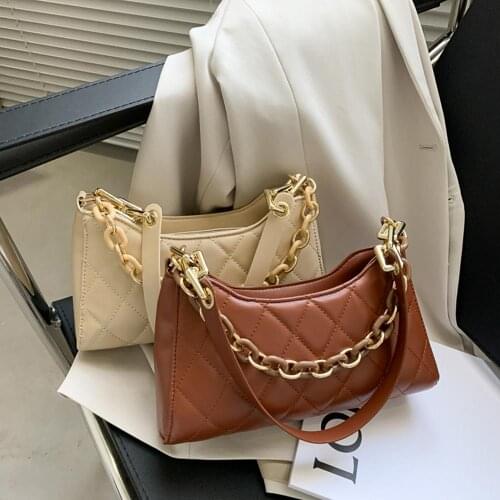 Women Lattice Pattern Shoulder Underarm Bag PU Portable Chain Handbags Totes Youth Ladies Simple Versatile Bag