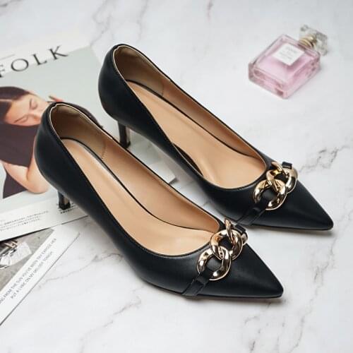 Leather High Heels Stiletto Women Shoes Metal Decoration Pointed Toe Pumps Office Work Occupation Ladies Footwear Apricot Black