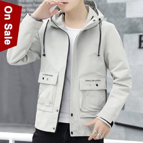 Spring Jacket Men Coat Young Boy Male Hooded Snap 3D Pockets Design Black White Fitted Size M-4XL #210