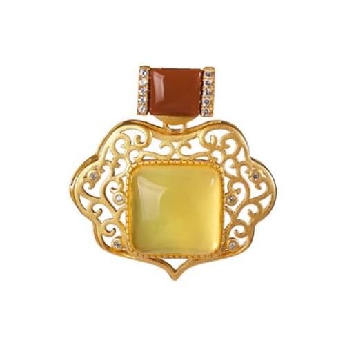 S925 sterling silver gold plated southern red agate Amber wax pendant classic hollow Ruyi Lady pendant