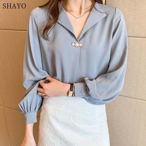 Blouse Femme V-Neck Beading Blouse Women 2021 Spring Autumn Tops Korean Fashion Long Sleeve Chiffon Shirt Pullover Woman Clothes