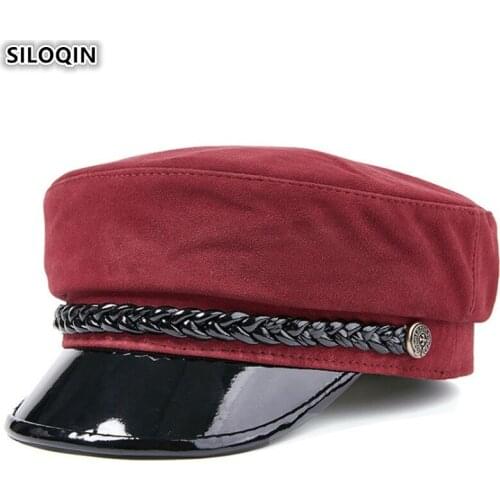 SILOQIN Womens Flat Caps Army Military Hats Sheepskin Leather Cap Elegant Lady Genuine Leather Hat Fashion Brands Female Hats