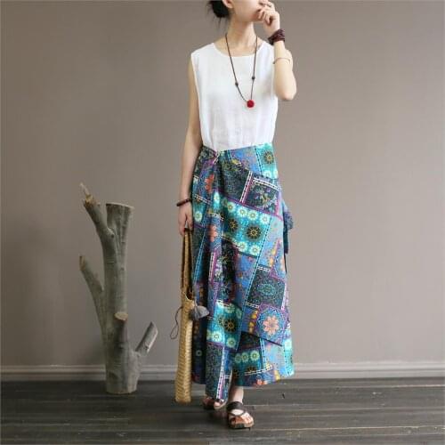 Women National Style Retro Skirts Ladies Cotton Linen Summer Loose Skirts Female Printing Skirts 2018 Print 2018 Vintage