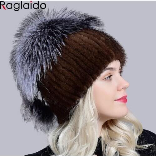 Real Mink Fur Hats Women Winter Natural Fox Fur Pompom 2 balls Furry Warm Cap Fashionable Fluffy Genuine Fur Knitted Caps Hat