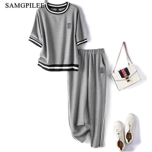 Summer Two Piece Set For Women 2021 New Fashion Half Sleeve Casual O Collar Elastic Waist Ankle Length Plaid Woman Pants Suits