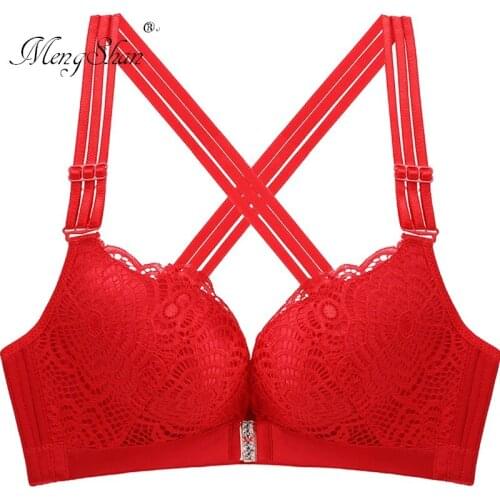 Fat mm gather lingerie femme New large lace front button bra Wireless plus size bra Front buckle back big size bra 52D 120E