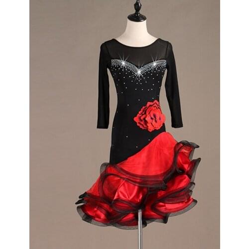 Ladies Latin Dance Costume Dress Party Diamond Big Red Flower embellishment for Dancing Performance Dresses