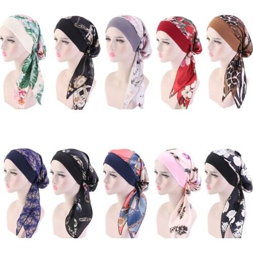 Womens Muslim Hijab Cancer Chemo Flower Print Hat Turban Cap Cover Hair Loss Head Scarf Wrap Pre-Tied Headwear Strech Bandana