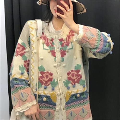 Women Knit Cardigan Crocheted Flowers Sweater Coat Loose Casual 3D Balls Single-breasted Jacket Long Sleeve Embroidery Crop Tops