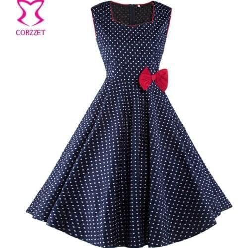 Sleeveless Tank Blue Cotton White Polka Dot Vintage Dress With Red Bow High Waist Autumn Dress Women Vestidos De Playa