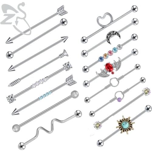 ZS 1PC Surgical Steel Bat Industrial Barbell Ring for Women CZ Crystal Heart Industrial Piercing 14g Ear Tragus Helix Piercings