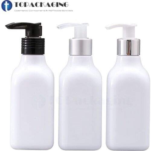 30*200ML Lotion Pump Bottle Empty Square Plastic Cosmetic Container White Packaging Makeup Essential Oil Shampoo Aluminum Ring