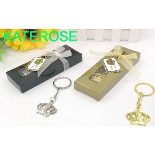50 PCS Silver/Gold Crown Keychain Ring in Gift Box Baby Shower Favors Newborn Christening Gift