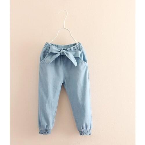 Baby Girl Jeans 2021 Casual Spring Autumn 2 3-8 9 10 11 12 Years Teenage Children Elastic Bow Lantern Denim Jeans For Girls Kids