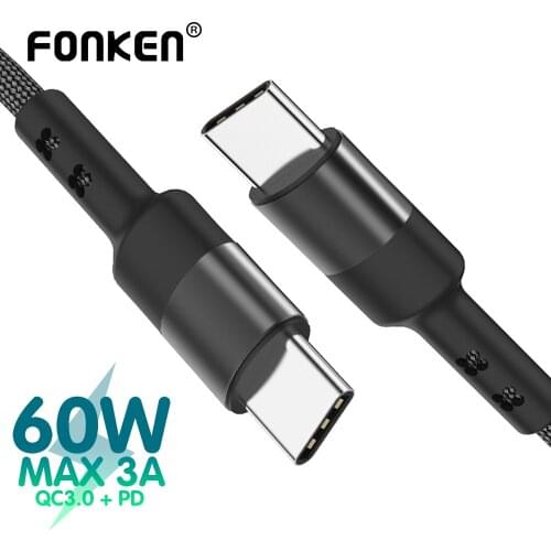 FONKEN USB Type C To Type C Cable 60W PD Charger USB C Cable 1M 2M Dual Type-C Fast Charge For Phone Laptop Power Tipo C Cord