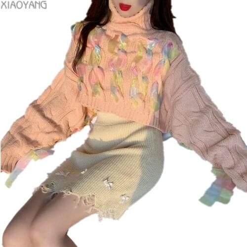 Korean short style turtleneck women short sweaters sweet lace up ribbon woman sweaters femme short knitted pullovers tops LN18