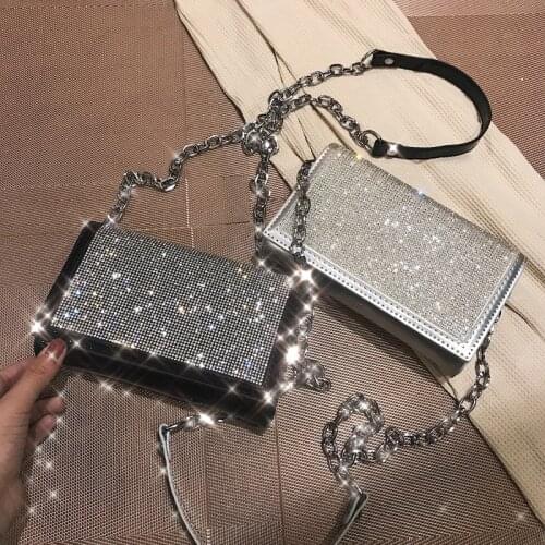 Fashion Silver Satin Women Shoulder Bags Designer Chain Shiny Diamonds Female Crossbody Bags Small Flap Lady Purses Lady Totes