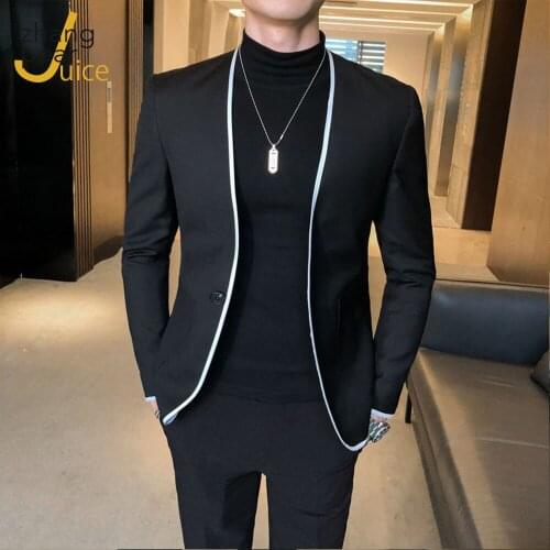 Men Korean Patchwork Blazer New Fashion Casual Black V Neck Coat Slim Fit Single Button Men Suit Masculino Blazers Men