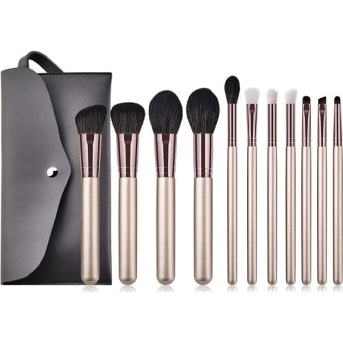 11pcs/set Makeup Brushes Set with bag Wooden Handle Champagne Gold for Eyeshadow Blush Brushes Cosmetic Tools Kits T11008