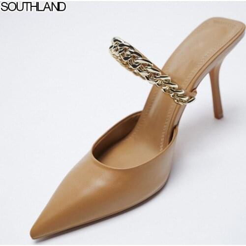 SOUTHLAND 2021 New womens shoes Chain design Mules Shoes Elegant Pointed Toe Mary Jane Shoes